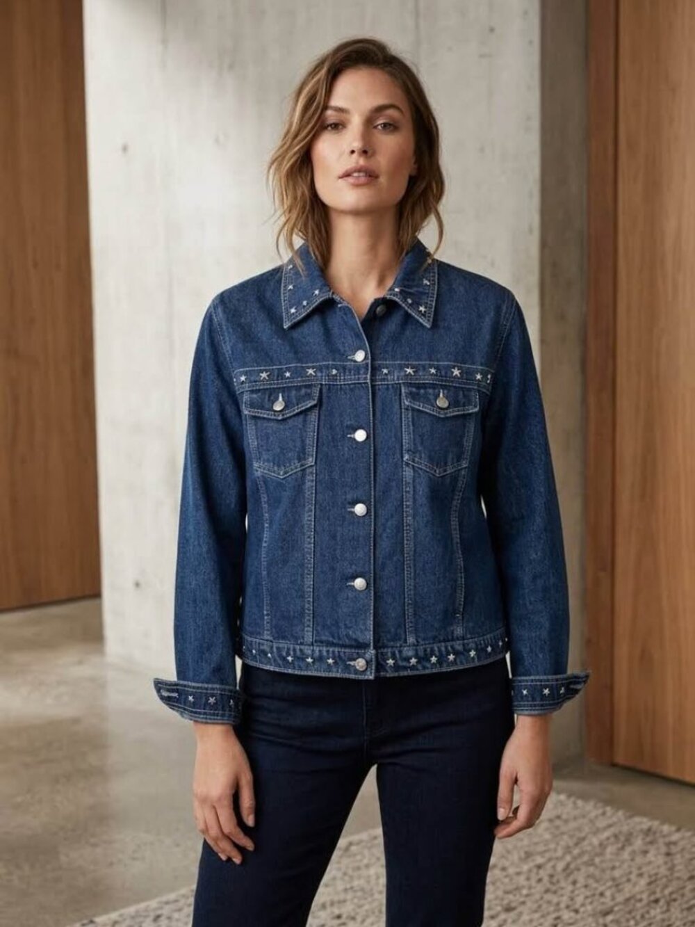 Vintage AGAN Collection Studded Star Denim Trucker Jacket Women’s XL Dark Wash